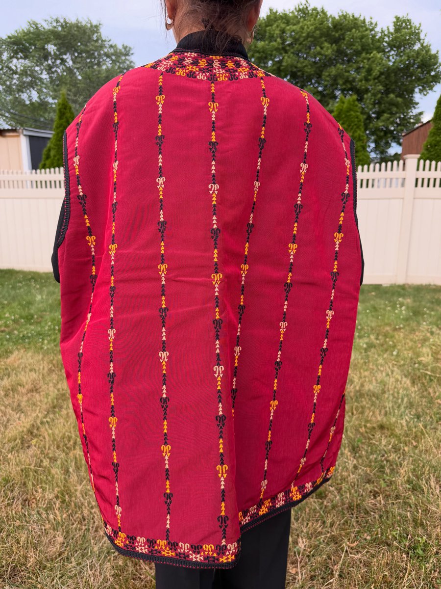 molsar's tweet photo. Tradition, craftsmanship, and timeless style. This red Turkmen chapan features hand-embroidered keshte, a fully lined interior, and an open-front silhouette. One of a kind, approximately L–XL. Available now. https://t.co/Qdsrpbj9hQ