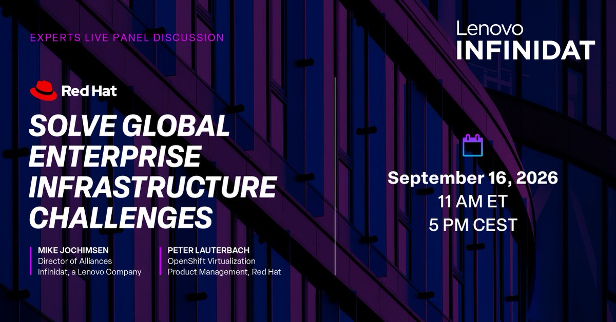 BeccaKraushaar's tweet photo. How can enterprises scale virtualization and container environments while addressing performance, resilience &amp; complexity? 
Experts from @Infinidat and @RedHat will discuss real-world enterprise infrastructure challenges &amp; solutions on Sept. 16.

Register: https://t.co/Ps3OspFrtM https://t.co/CMA5wcXKG3