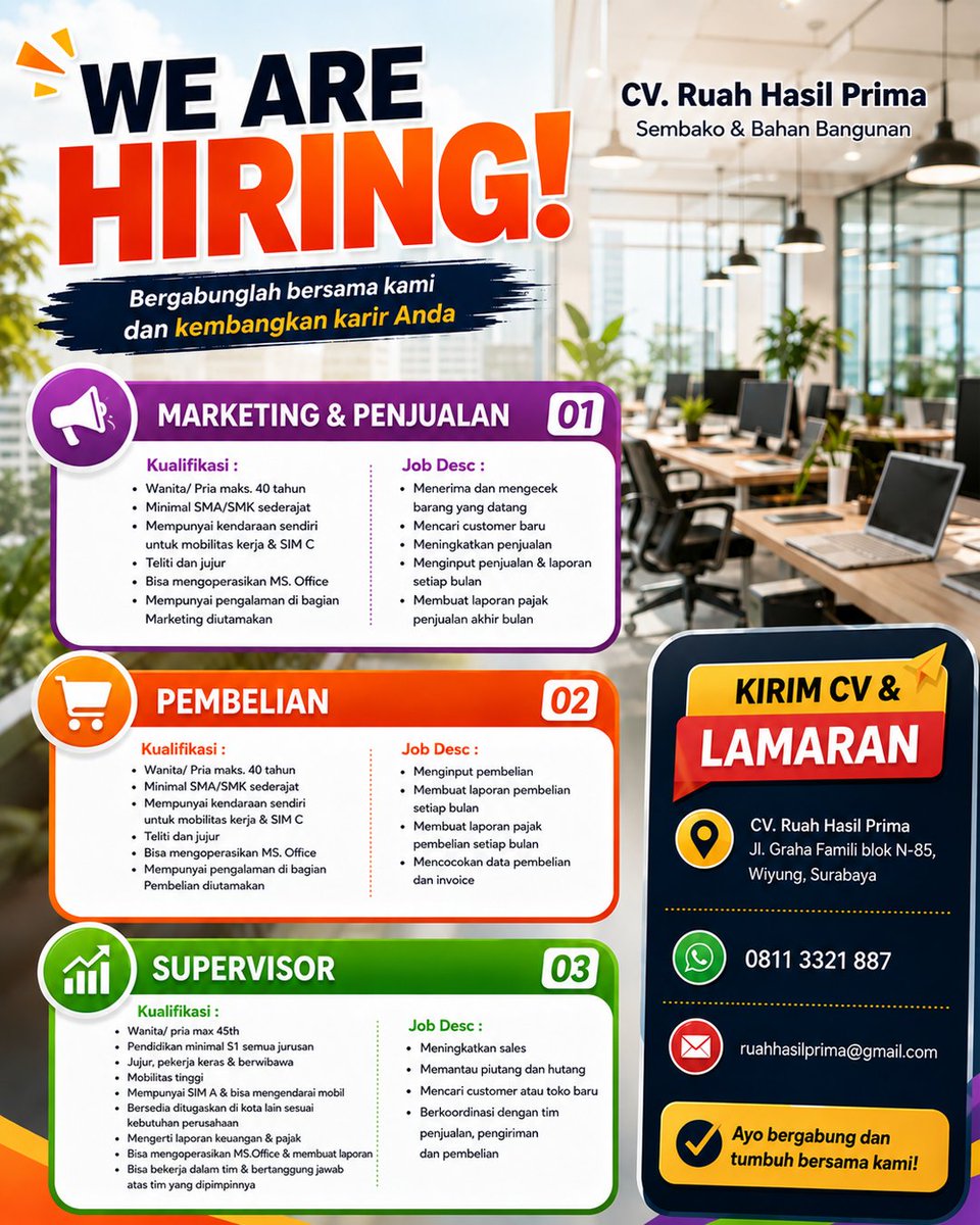 lokersbyterbaru's tweet photo. CV. Ruah Hasil Prima yang bergerak di bidang sembako &amp; bahan bangunan membuka lowongan posisi :
• Marketing &amp; Penjualan (Maks. 40 tahun)
• Pembelian (Maks. 40 tahun)
• Supervisor (Maks. 45 tahun)
📍 Penempatan : Graha Famili, Surabaya Barat https://t.co/zO1WM9FvFO