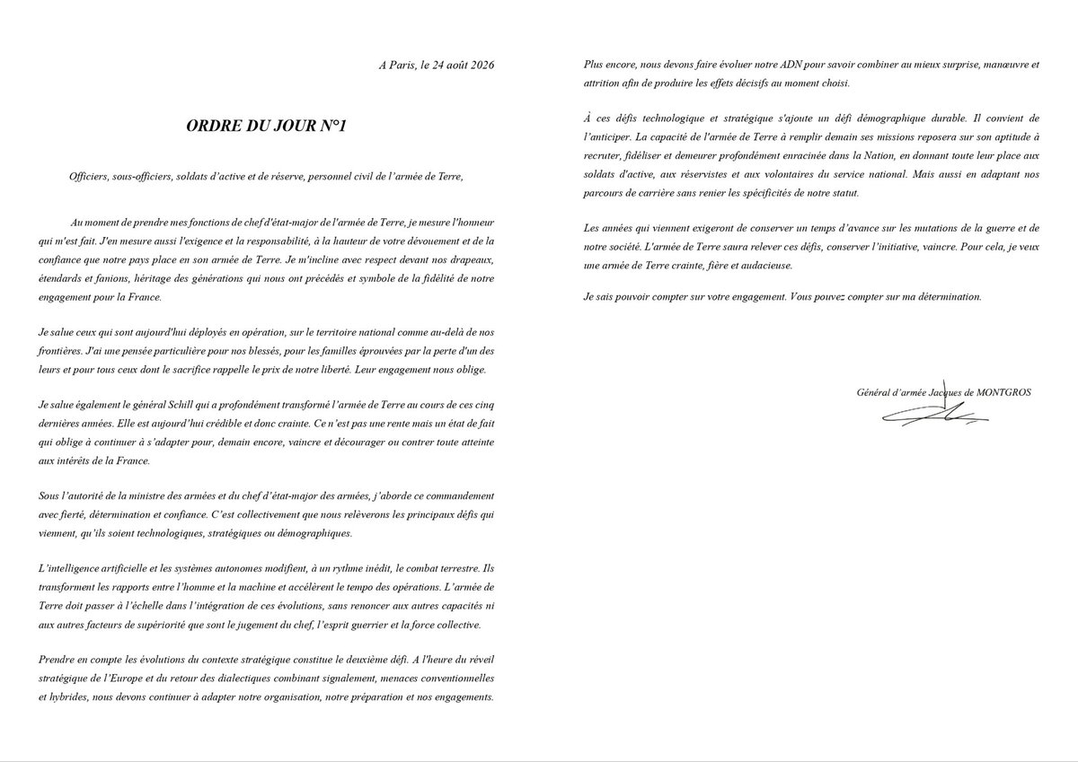 CEMAT_FR's tweet photo. Ordre du jour N°1.

Peu après ma prise de fonction en tant que chef d’état-major de l’armée de Terre, j’ai diffusé mon premier ordre du jour.

Il aborde les grandes lignes de mon ambition pour l’@armeedeTerre face aux défis qu’elle devra relever dans les prochaines années.

En avant !