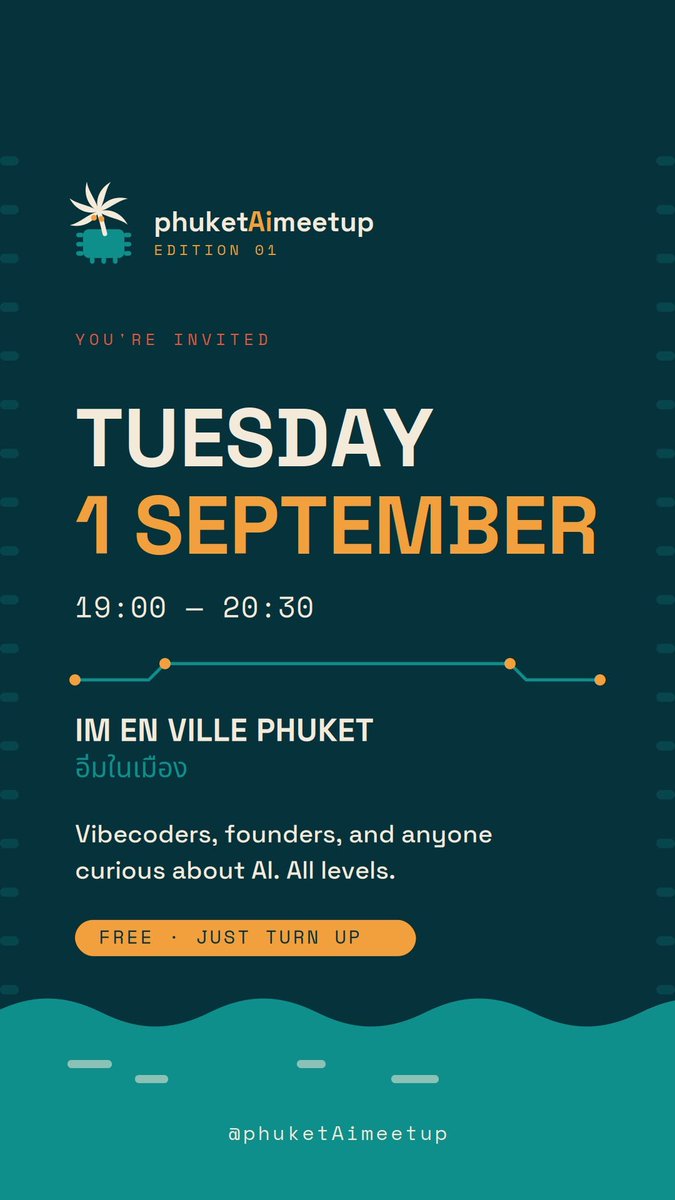 Coachkcrypto's tweet photo. What to do tomorrow evening in Phuket!?

We're starting an AI meetup in Phuket 🌴 First edition is Tuesday 1 September.

It's casual. No talks, no pitch decks, no gatekeeping. Just people using AI in one room — vibecoders, founders building with it, and anyone who's curious and only started last week — swapping what's actually working and what isn't.

Come to meet people, steal a few tips, and share your own.

And since it's edition 01, we want to hear from you: what would you like this meetup to be? Tell us in the comments, or on the night.

🗓️ Tue 1 Sept · 19:00–20:30
📍 Im En Ville Phuket อิ่มในเมือง
🗺️ https://t.co/RgJqigugfM