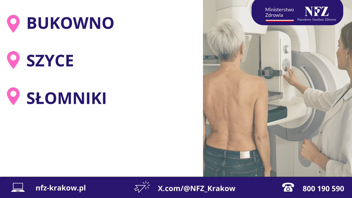 NFZ_Krakow's tweet photo. 👩👱♀️ Masz 45-74 lata?
🎀 Regularnie badaj piersi w programie profilaktycznym @NFZ_GOV_PL i miej pewność, że jesteś zdrowa ❣️
W pracowni stacjonarnej lub mammobusie.
🗺️ Dziś #mammobus w:
#Bukowno,
#Szyce,
#Słomniki. https://t.co/YJm1MAwqNV