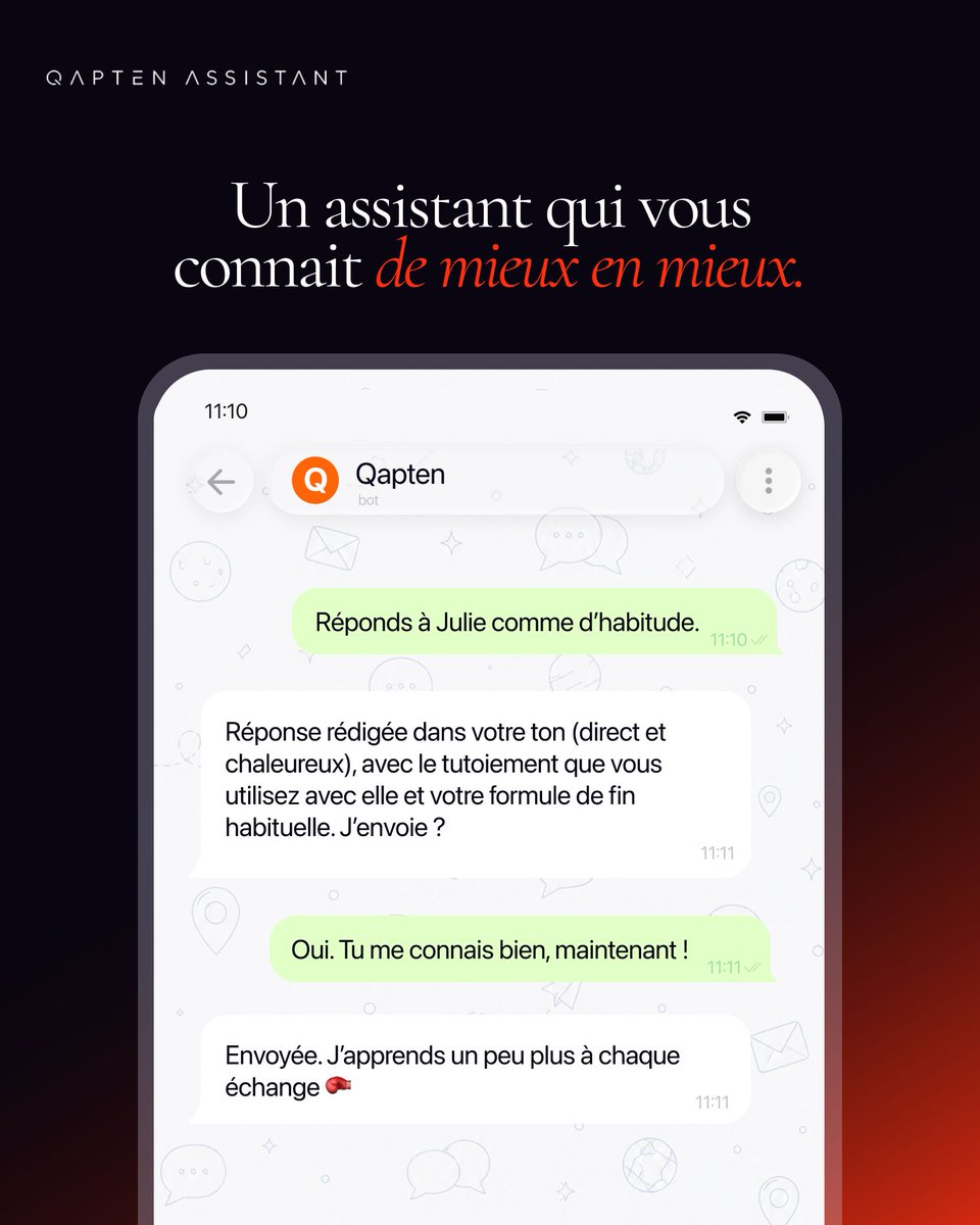 qaptenassistant's tweet photo. « Réponds à Julie comme d’habitude. »

Un bon assistant comprend tout ce qu’il y a derrière « comme d’habitude ». https://t.co/16H60ysJWo