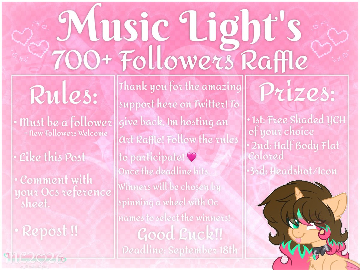 _Music_Light_'s tweet photo. 🎨🩷✨ 700+ Followers Art Raffle! ✨🩷🎨
Thank you so much for all the support!! To celebrate, I'm hosting a Art Raffle for you guys! 
Below are the Rules and Prizes to win!
No Bot Accounts, nor AI artists! 
Deadline ends September 18th! Good Luck everyone!! 
#mylittlepony https://t.co/ZyySnyrw1A