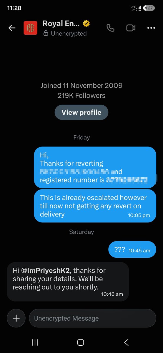 ImPriyeshK2's tweet photo. @royalenfield Still no update on my issue. Called customer service today and asked to speak with a manager, but the executive couldn’t connect me n hungup call, saying managers are busy and someone will call me in 24–48 hours. Extremely frustrating customer service @RoyalEnfieldIn https://t.co/IBfKZR2BrE
