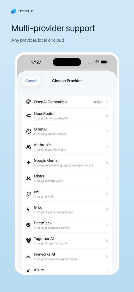 bayeschat's tweet photo. 🎉🎉🎉Officially Introduce BayesChat: A Privacy-first AI Chat Workspace on iOS - BYOK, MCP tool & Chat Presets. 

Here is what it can do:

- Multi-Provider & BYOK: Connect to any model via OpenAI/Anthropic-compatible APIs, including local models

- Chat Presets: Save prompt, model, parameter, and tool as reusable presets. Switch between them with one tap to boost your workflow efficiency

- MCP: MCP integration for third-party tool calling

- Fine-tune Parameters: Shape every response with precise, flexible controls

- Live Streaming: Real-time typewriter animation rendering with LaTeX formulas and Markdowns

- Customize themes and colors: Set your theme and colors exactly the way you like