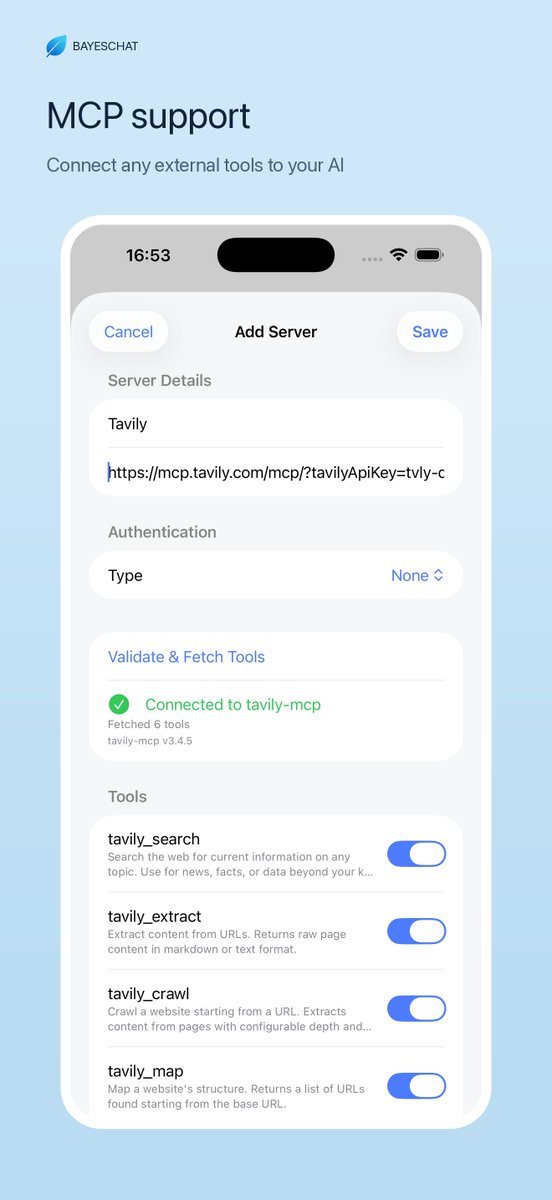 bayeschat's tweet photo. 🎉🎉🎉Officially Introduce BayesChat: A Privacy-first AI Chat Workspace on iOS - BYOK, MCP tool & Chat Presets. 

Here is what it can do:

- Multi-Provider & BYOK: Connect to any model via OpenAI/Anthropic-compatible APIs, including local models

- Chat Presets: Save prompt, model, parameter, and tool as reusable presets. Switch between them with one tap to boost your workflow efficiency

- MCP: MCP integration for third-party tool calling

- Fine-tune Parameters: Shape every response with precise, flexible controls

- Live Streaming: Real-time typewriter animation rendering with LaTeX formulas and Markdowns

- Customize themes and colors: Set your theme and colors exactly the way you like