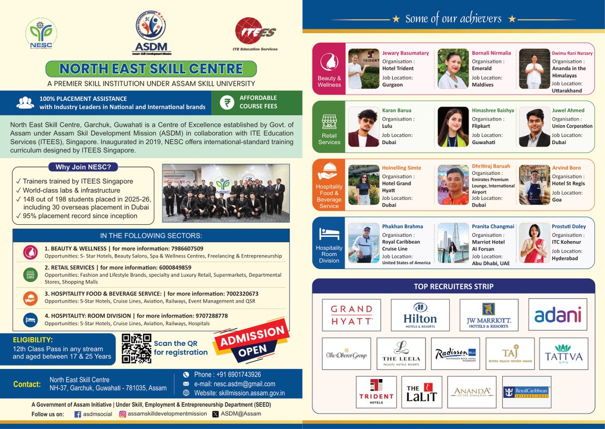 ASDM_Assam's tweet photo. North East Skill Centre (NESC), Garchuk, Guwahati, a Centre of Excellence under the Assam Skill Development Mission (ASDM), offers international-standard skill training in Food &amp; Beverage Service, Hospitality-Room Division, Beauty &amp; Wellness and Retail Services. https://t.co/LOQO8YPieE