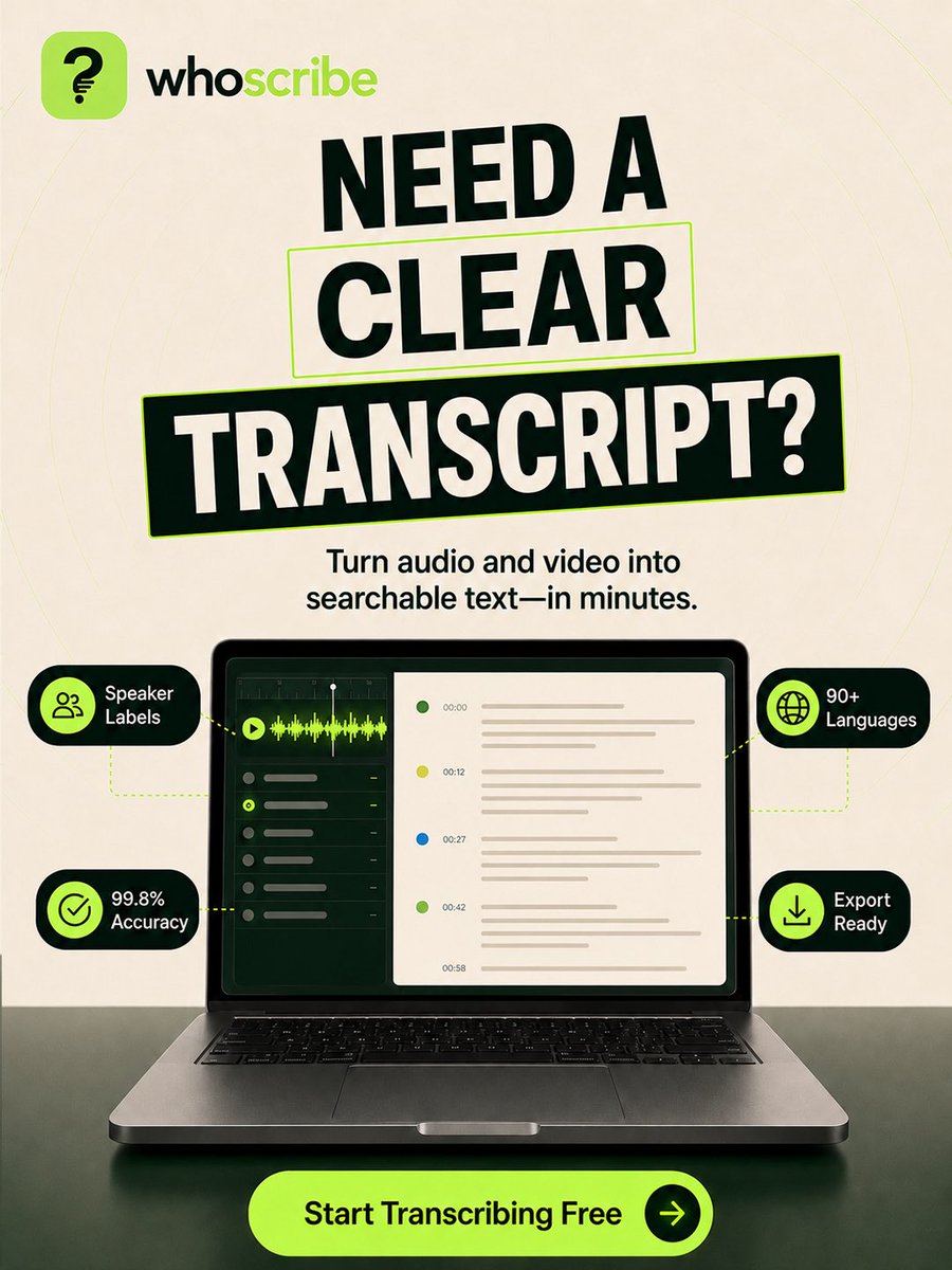 Whoscribe_ai's tweet photo. Clear audio deserves clear text.

From meetings and interviews to podcasts and voice notes, WhoScribe turns your recordings into accurate, searchable transcripts in minutes.
Upload, review, edit and export—all in one place.

#WhoScribe #Transcription #SpeechToText #AudioToText https://t.co/hwNrOkLcrF