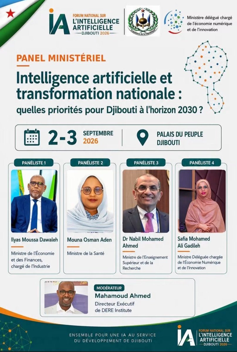 madharnabil's tweet photo. Les Enjeux Stratégiques et Positionnement Politico-Économique
Alignement #Vision2030 : Le thème établit une passerelle directe entre le développement technologique (l'#IA) et la feuille de route socio-économique nationale.
Cela positionne #Djibouti non plus seulement comme un hub logistique/maritime, mais comme un futur hub numérique régional.

Transversalité Gouvernementale : La présence conjointe de l'Économie, de la Santé, de l'Enseignement Supérieur et du Numérique démontre que l'IA est abordée comme un levier intersectoriel (santé connectée, formation de compétences locales, financement des infrastructures).

Légitimité et Ancrage : Le parrainage direct par la Présidence de la République et la tenue au Palais du Peuple confèrent à cet événement un caractère d'urgence et de priorité nationale absolue.