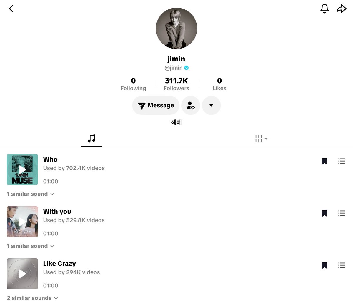 JiminGlobal's tweet photo. Jimin’s discography is now available on his TikTok profile! 

“Who” is currently the most-used Jimin song on TikTok, leading his discography on the platform! 

Make sure to bookmark and use Jimin’s songs in your videos! ✨ https://t.co/FNnyXfb720