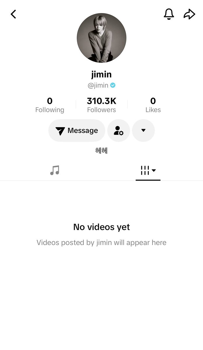 jiminticaI's tweet photo. jimin has officially joined tiktok! the bts account follows him 🥳

jimin's bio says: Hehe 

🔗 https://t.co/MdFhSAo4Nb https://t.co/cjXrQAGYlj