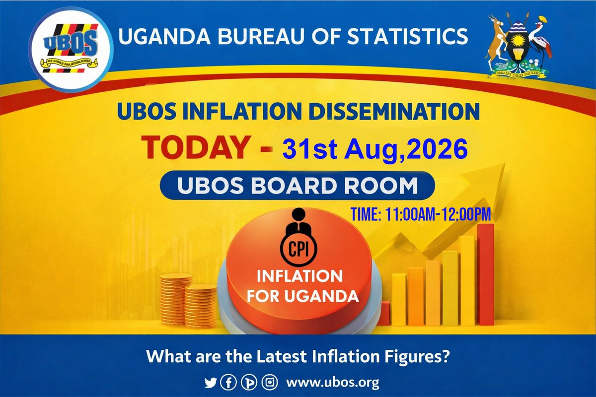 StatisticsUg's tweet photo. #InflationUganda

Today at 11:00am, we will be releasing the INFLATION figures for the year and month ending August 2026. https://t.co/VkfhNrzNpe