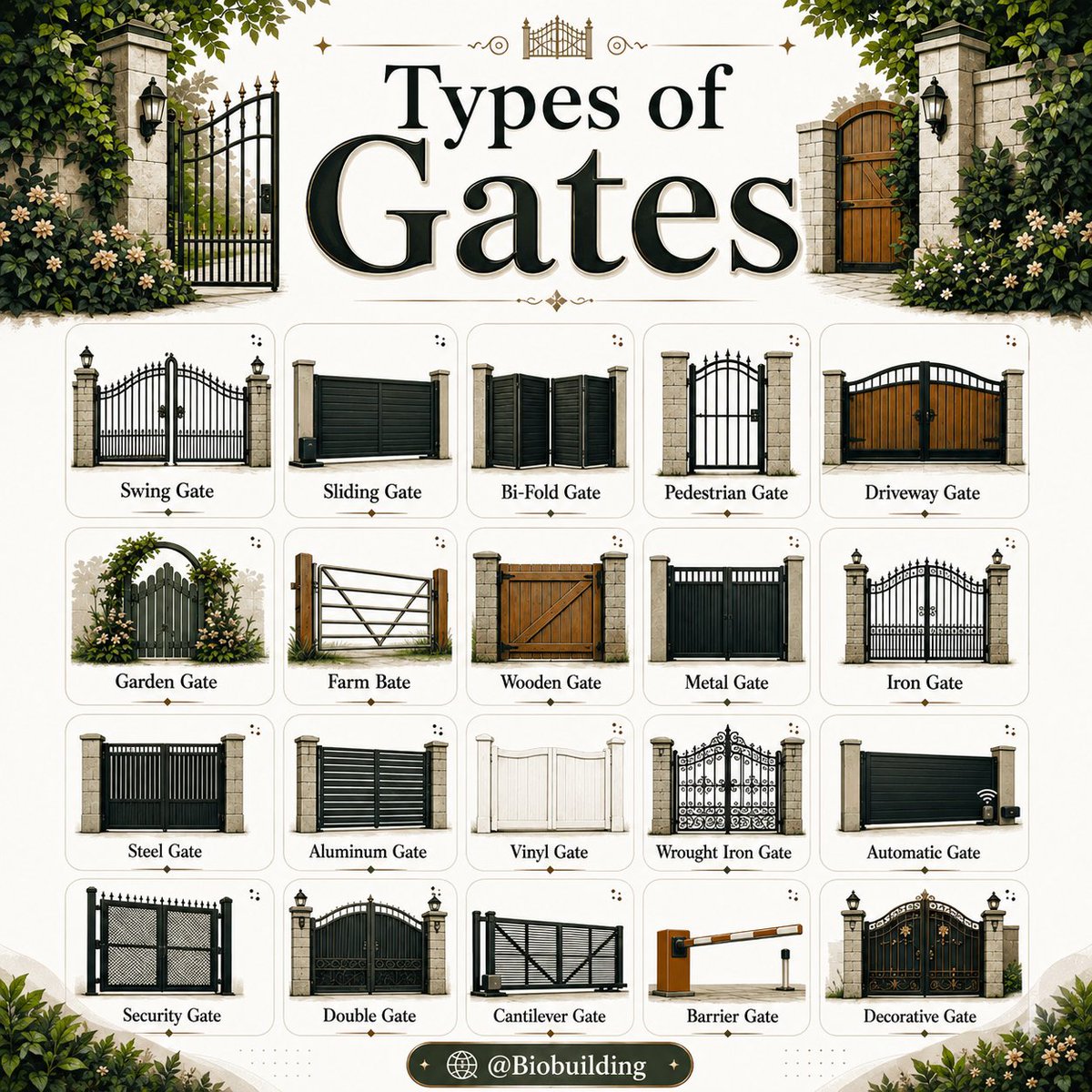 Biobuilding_'s tweet photo. Different gate styles suit different needs, from pedestrian access to driveways and security. For a driveway, prioritize the opening width, available swing space, drainage, and motor compatibility before choosing the design. https://t.co/4nH1o7jrD3