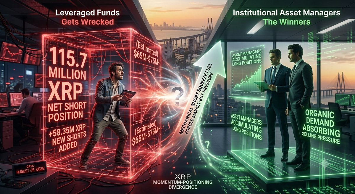 DefiValla's tweet photo. 115.7M XRP in net shorts are sitting on the CFTC books.

Leveraged funds tried to fade the recent bounce. They might have just signed up to be the fuel for the next leg up.

The hard numbers from the Aug 25 CFTC snapshot:

• Total Open Interest: 389.2M XRP
• Leveraged funds net short: 115.7M XRP (2,314 contracts)
• New shorts added in one week: 58.35M XRP
• Estimated liability: $65M–$75M+

The mistake CT is making: assuming the bounce was pure bullish spot demand.
Funds heavily shorted the move, but bids absorbed every token. If price grinds higher, those funds must market buy to close.
That is a mechanical short squeeze. It has zero to do with news or tech.

If Bitcoin dumps and kills momentum before shorts are forced to cover, those funds have enough size to press the bid and trigger a cascading long liquidation.

Asset managers holding quiet longs vs. leveraged funds trapped in an 8 figure short.

Are these funds about to get liquidated, or is retail blindly buying into an institutional trap?
