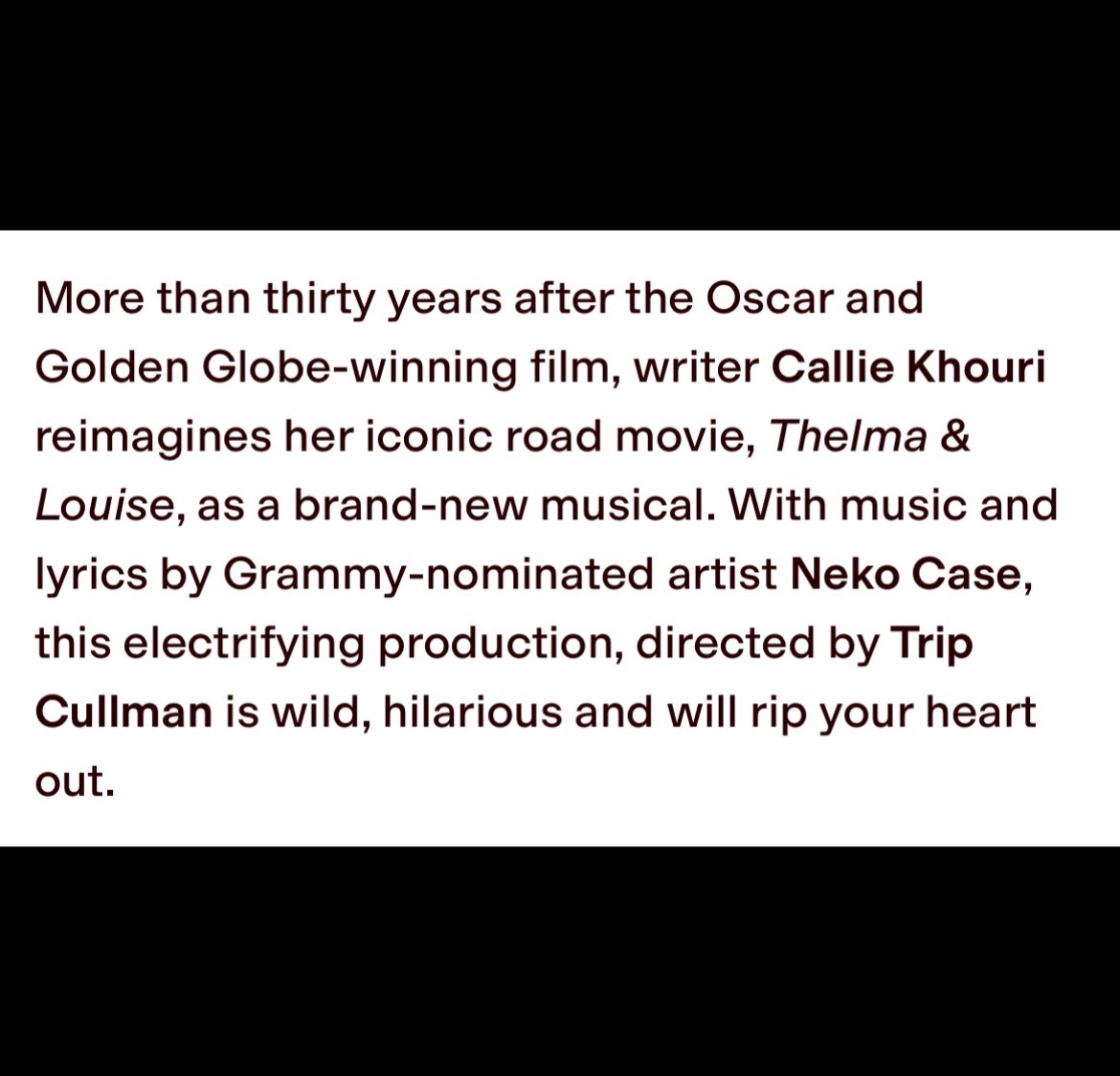 25_budak's tweet photo. Thelma and Louise, the musical adaptation, hits the West End this September at the @youngvictheatre. Tickets available now. https://t.co/ZICDoDgw3I