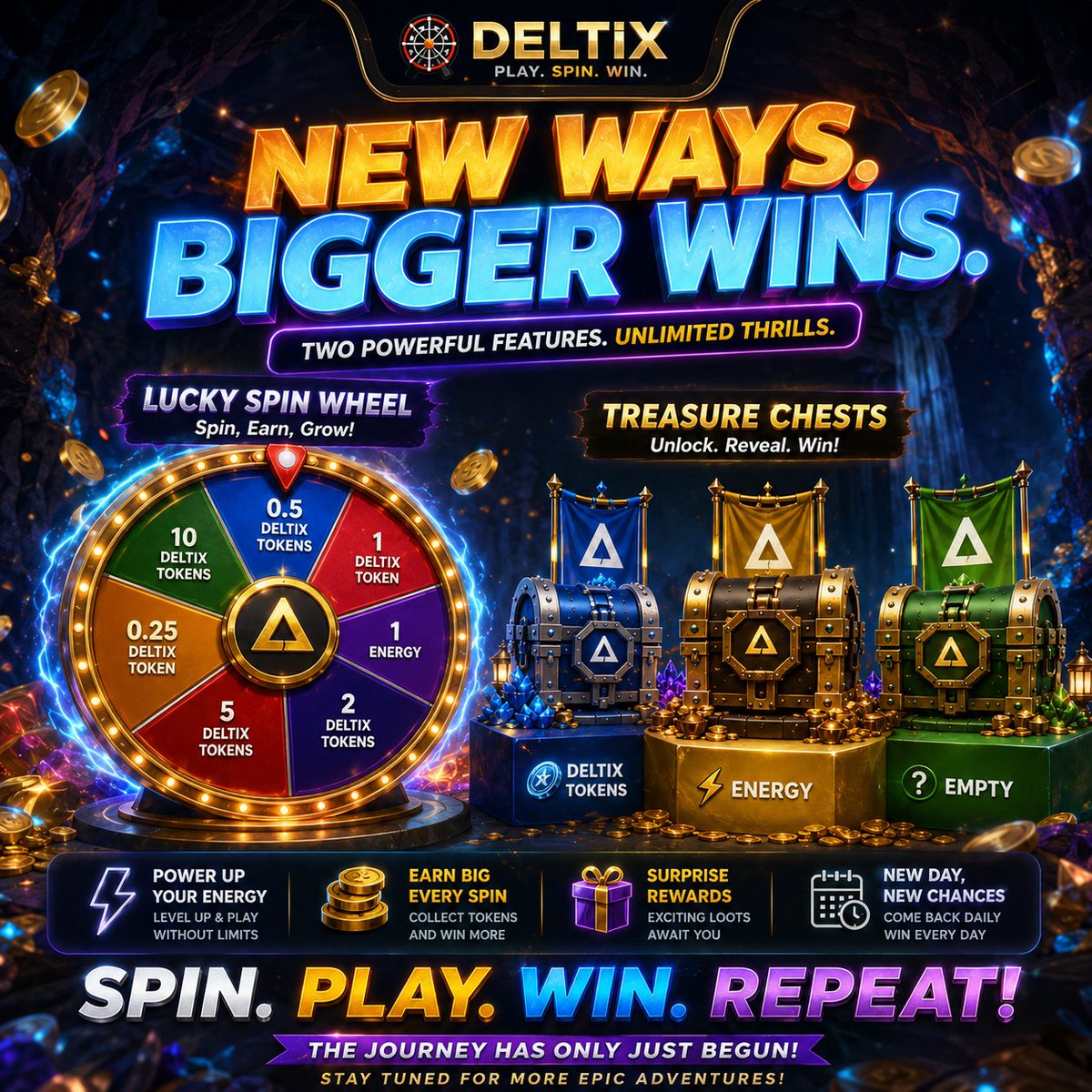SuitNStripes's tweet photo. Unlock massive wins with new Deltix features! Spin the Lucky Wheel for tokens &amp; energy, and open Treasure Chests for exclusive rewards. Level up your gameplay daily. Join the action now

#Deltix #DLTX #DeltixEnergy #wDltx https://t.co/Ek61S7aN3M