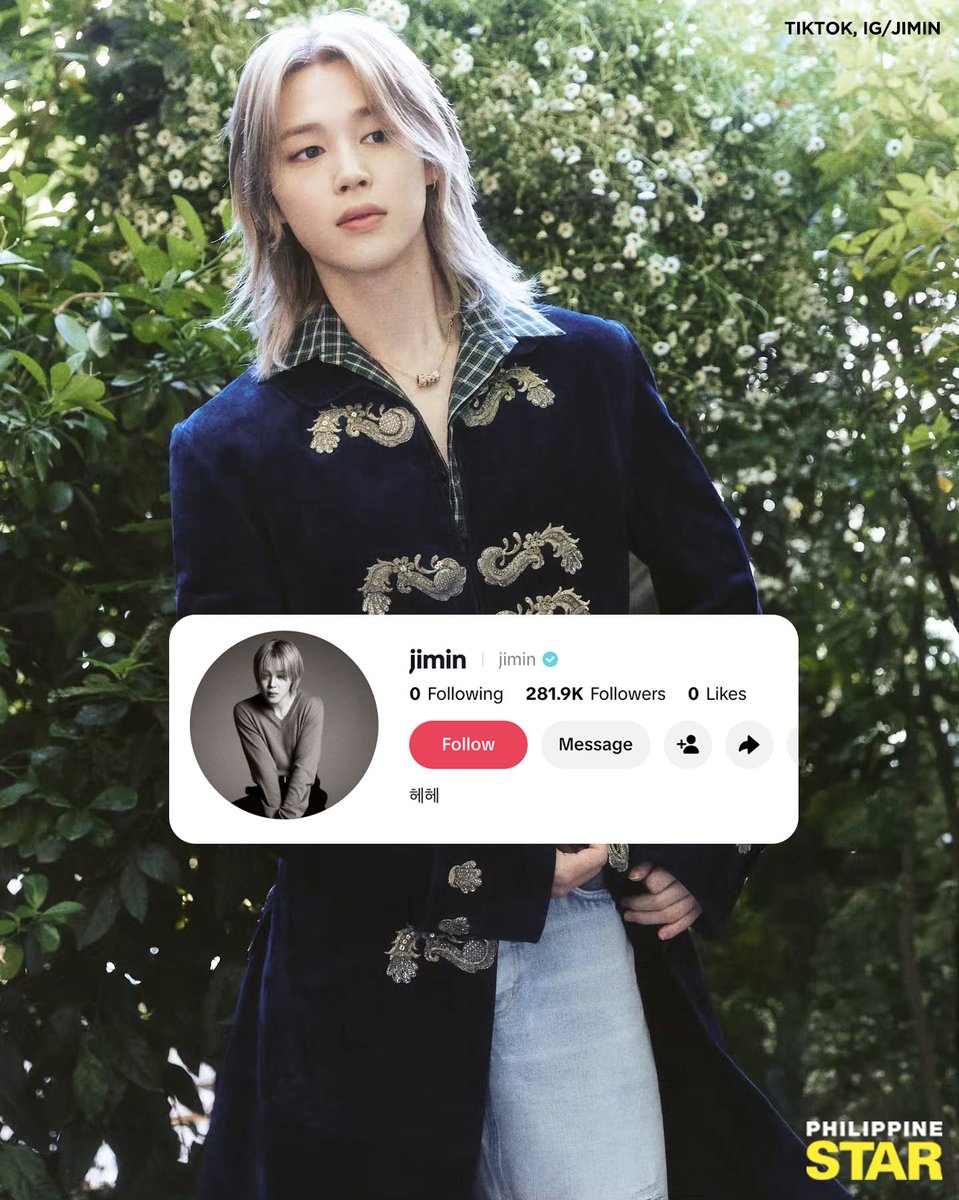 PhilippineStar's tweet photo. LACHIMOLALA! JIMIN IS NOW ON TIKTOK! ✨

BTS member Jimin created a public TikTok account, as eagle-eyed ARMY noticed on Monday.

The suspicions of fans were confirmed when the official TikTok account of BTS followed Jimin. He joined members Jungkook, Hobi, and V on the platform.

As of this writing, his account has garnered more than 281k followers.

The K-pop group is coming to the Philippines for a three-day show in March 2027. (TikTok, IG/Jimin)