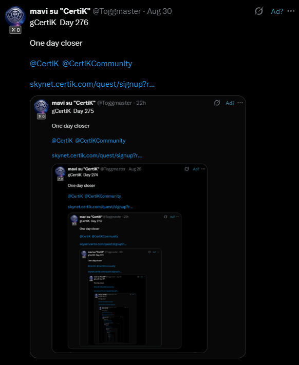 Toggmaster's tweet photo. gCertiK  Day 277                                                                                                                                                     

One day closer

@CertiK  @CertiKCommunity

https://t.co/M1yCZUN0jj https://t.co/Rw8G91VSCT