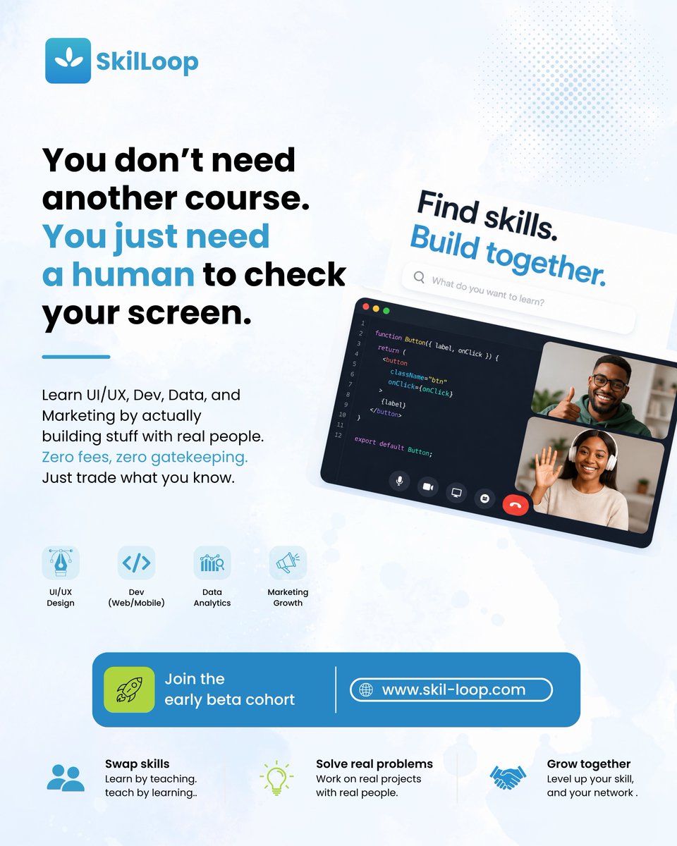 SkilLoop0's tweet photo. You don't always need another course.
Sometimes, you just need a human to help you get unstuck.
Teach what you know. Learn what you need. Build together.
That's SkilLoop.
Join the early beta cohort: https://t.co/71PC1TkrPc
#skilLoop #Tech https://t.co/2Hk0NucWm7