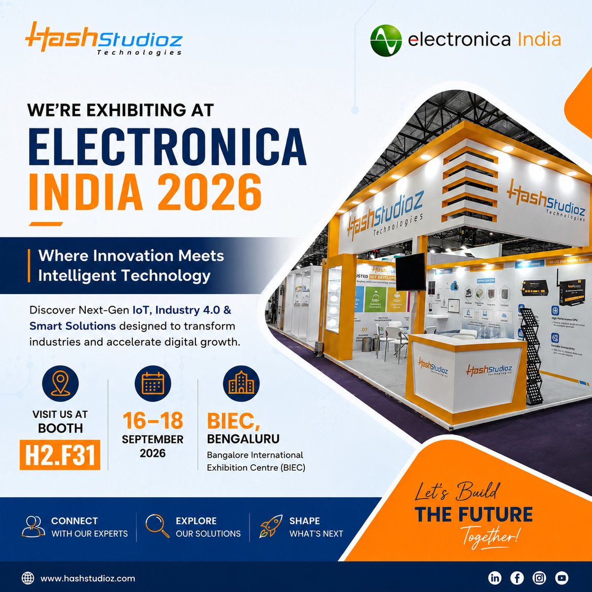 HashStudioz's tweet photo. HashStudioz Technologies at Electronica India 2026!

Discover our IoT, Industry 4.0 &amp; Smart Technology Solutions.

📍 Booth H2.F31 | BIEC, Bengaluru
📅 Sept 16–18, 2026
Let’s connect &amp; build the future! ⚡
#ElectronicaIndia2026 #HashStudioz #IoT #Industry40 https://t.co/UicNPAXYZV