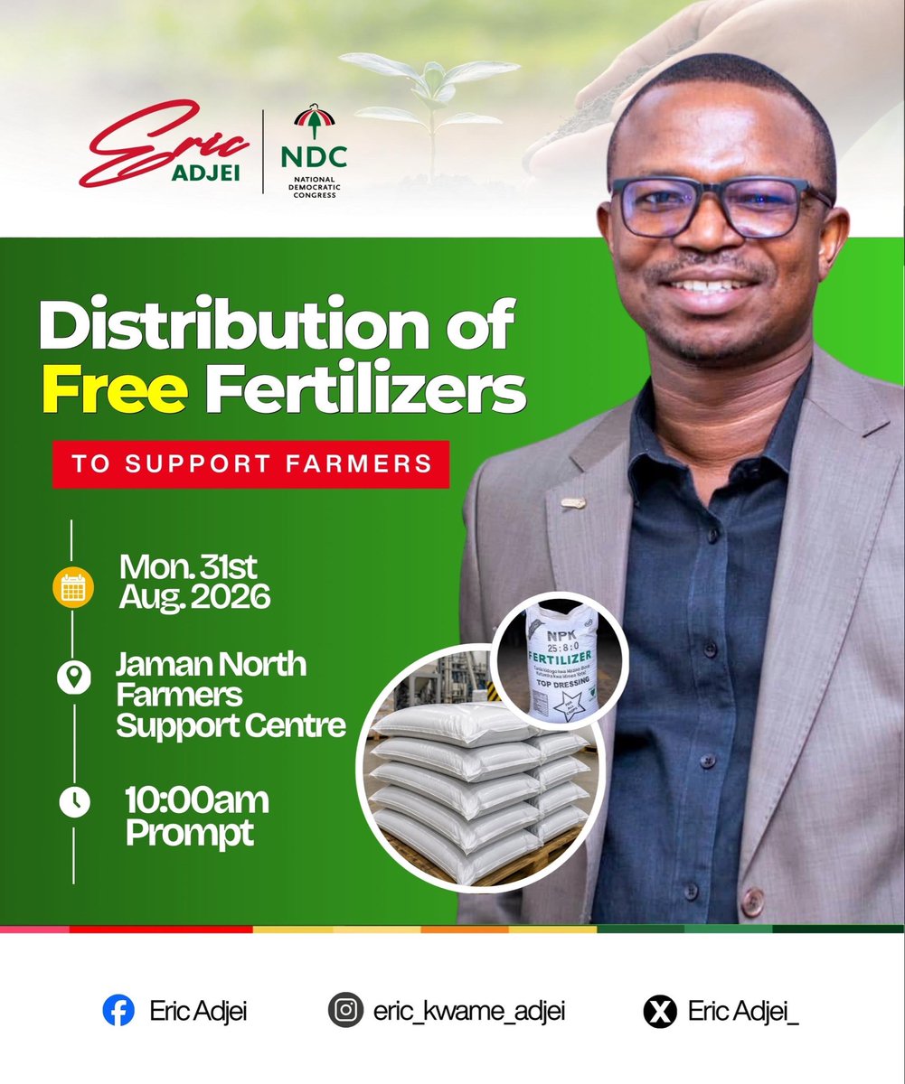 Brahkayy's tweet photo. Today, Lawyer Eric Adjei is giving back to the community through the direct distribution of free fertilizers to those who cultivate our land. This thoughtful gesture helps boost crop yields and lighten financial burdens on our farmers. The people of Jaman North are blessed to have you.