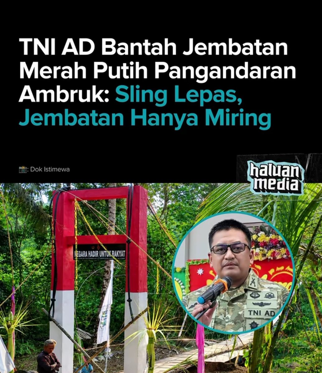 kenhans03's tweet photo. TNI Angkatan Darat membantah kabar Jembatan Gantung Merah Putih Pongpet di Pangandaran, Jawa Barat, ambruk saat peresmian, Minggu (30/8). Kadispenad Brigjen Donny Pramono menjelaskan, jembatan hanya mengalami perubahan posisi setelah lebih dari 50 orang melintas bersamaan, melebihi kapasitas yang ditentukan. Kondisi itu membuat tali sling sisi kiri terlepas dari pengikat utama sehingga jembatan menjadi miring. Donny menegaskan struktur utama jembatan tetap berada pada posisinya dan bukan mengalami keruntuhan. 

Catat ; Perubahan posisi 
🫢