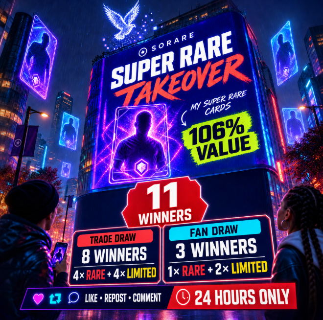 PawelTrader_'s tweet photo. 🚨 SORARE SUPER RARE TAKEOVER IS LIVE! 🚨

💎 MY SUPER RARE CARDS ARE AVAILABLE FOR 106% OF THEIR VALUE!

Choose a Super Rare card from my gallery and send me a trade offer with cards worth 106% value ⚽🔥

♟️ TRADE DRAW — 8 WINNERS

Complete at least one trade for one of my cards during the challenge.

🎟️ Every completed trade = 1 entry
More trades = more chances to win!
🎁 TRADE DRAW PRIZES:

🔴 4× RARE Cards
🟡 4× LIMITED Cards

Eight randomly selected traders will receive one card each.
📣 FAN DRAW — 3 WINNERS

No trade required:

❤️ Like this post
🔁 Repost
💬 Comment your Sorare username and tell me:

Which Super Rare card from my gallery would you like to add to your collection? 👀

🎁 FAN DRAW PRIZES:
🔴 1× RARE Card
🟡 2× LIMITED Cards
Three randomly selected participants will receive one card each.

⏰ 24 HOURS ONLY!

Winners will be selected randomly and announced in a separate post.

Check my gallery, send your offers and good luck! 🕊️⚽
#Sorare #SorareFootball #FantasyFootball #SorareGiveaway #SorareCommunity #Giveaway #MondayChallange