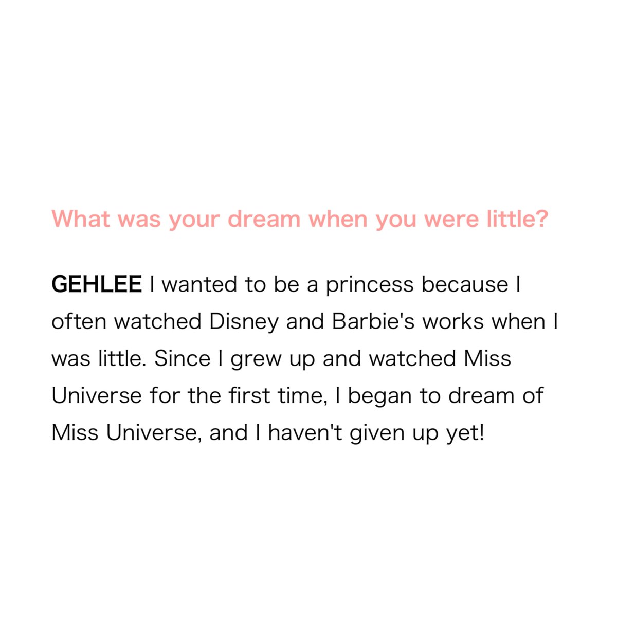 gehleecontent's tweet photo. 🗒️ AR WEB interview: What was your dream when you were little?

GEHLEE: I wanted to be a princess because I often watched Disney and Barbie's works when I was little. Since I grew up and watched Miss Universe for the first time, I began to dream of Miss Universe, and I haven't given up yet!