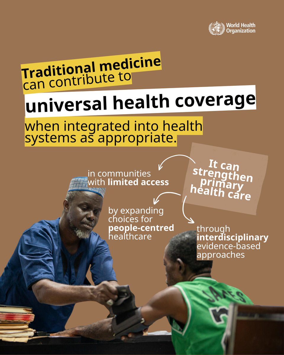 WHOAFRO's tweet photo. Today is African Traditional Medicine Day.

Traditional Medicine, when paired with scientific validation, strong regulation, and skilled practitioners, can hold the potential to ensure quality #HealthForAll.

Strengthening the evidence base and advancing traditional medicine can play a critical role in achieving #UniversalHealthCoverage.

Read more: https://t.co/BTJFpBU64x