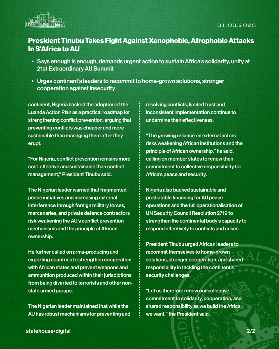 NGRPresident's tweet photo. President Tinubu Takes Fight Against Xenophobic, Afrophobic Attacks In S’Africa to AU.

• Says enough is enough, demands urgent action to sustain Africa’s solidarity, unity at 21st Extraordinary AU Summit.

• Urges continent’s leaders to recommit to home-grown solutions, stronger cooperation against insecurity.