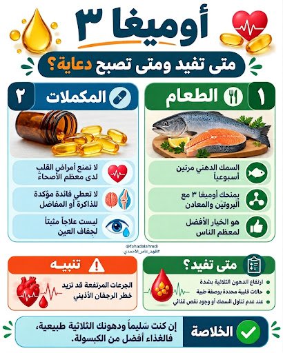 fahadalahmdi's tweet photo. لا يوجد شك في فوائد زيت السمك (اوميجا 3) للجسم. ولكن السؤال هو : 

- هل نحتاج فعلا لتناولها كمكملات غذائية؟
- هل ماينشر حول فوائدها الصحيه حقيقة أم مبالغة؟

 انا شخصيا استخدمها لمقاومه الدهون الثلاثيه والتخفيف من جفاف العين. وقبل قليل سألت منصات الذكاء الاصطناعي عن صحة الادعاءات التي نسمعها دائما حول الفوائد المفترضه لتناول مكملات "اوميجا 3"  واخترت لكم الجواب التالي:

مكملات أوميغا ٣ ليست ضرورية لمعظم الأشخاص الأصحاء، وفوائدها التسويقية أكبر من فوائدها المثبتة علمياً. فإذا كنت تتناولها للاحتياط العام، أو لتقوية القلب والذاكرة والمفاصل، من دون سبب طبي محدد، فالتوقف عنها قرار منطقي غالباً.
المشكلة ليست في أوميغا ٣ نفسها؛ فهي دهون مهمة ومفيدة حين تأتي ضمن طعام متكامل. المشكلة في تحويلها إلى كبسولة يُدعى أنها تمنع الأمراض وتعوض نمط الحياة.
أكبر الدراسات العشوائية، ومنها تجربة VITAL، لم تجد أن تناول غرام يومياً من زيت السمك يقلل بصورة واضحة مجموع النوبات القلبية والسكتات والوفيات القلبية لدى عامة الناس. كما خلصت مراجعة كوكرين إلى أن تأثير المكملات في الوقاية القلبية محدود جداً، مع فائدة مؤكدة نسبياً في خفض الدهون الثلاثية.

- متى تكون مفيدة فعلاً؟
عند ارتفاع الدهون الثلاثية بشدة، خصوصاً إذا تجاوزت ٥٠٠ ملغ/دل؛ وهنا تكون الجرعة العلاجية عادةً ٤ غرامات يومياً من مستحضر دوائي موصوف، وليست كبسولات تجارية عادية. ويمكنها خفض الدهون الثلاثية بنحو ٢٠–٣٠٪ لدى فئة محددة من مرضى القلب الذين يتناولون الستاتين، مع بقاء الدهون الثلاثية مرتفعة؛ وقد يفيدهم دواء إيكوسابنت إيثيل المحتوي على EPA النقي. 
لمن لا يأكل السمك مطلقاً، أو لديه نقص غذائي محتمل؛ قد يكون المكمل عندئذٍ بديلاً عملياً، لا علاجاً سحرياً.
أما إن كنت تتناولها لعلاج جفاف العين تحديداً، فالدراسة الكبيرة DREAM وجدت أن جرعة مرتفعة بلغت ٣ غرامات يومياً لم تكن أفضل من الدواء الوهمي في تحسين أعراض الجفاف أو علاماته.
والأهم أن المكمل ليس خالياً تماماً من الضرر؛ فالجرعات المرتفعة، وخصوصاً التي تتجاوز غراماً يومياً، ارتبطت بزيادة خطر الرجفان الأذيني، ويزداد الخطر مع ارتفاع الجرعة..........

الخلاصة ياعزيزي: 

إذا كانت الدهون الثلاثية لديك طبيعية، ولا تعاني مرضاً قلبياً يستدعي وصفة محددة، وتتناول السمك الدهني مرة أو مرتين أسبوعياً، فلا يوجد سبباً مقنعاً للاستمرار على مكمل أوميغا 3.
أما إذا كان المكمل موصوفاً لك بسبب ارتفاع الدهون الثلاثية أو مرض قلبي، فلا توقفه قبل مراجعة الطبيب؛ لأن الحكم هنا يعتمد على نوع المستحضر،والجرعة، ونتائج التحاليل.

@fahadalahmdi #فهد_عامر_الأحمدي