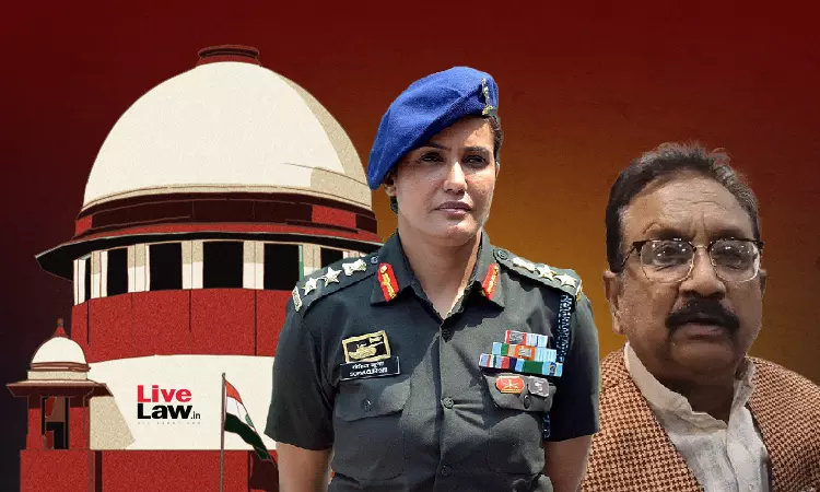 LiveLawIndia's tweet photo. #SupremeCourt hears Minister #VijayShah's plea against registration of an FIR against him over his comment calling #ColonelSofiyaQureshi "sister of terrorists"

Bench: CJI Surya Kant, J Joymalya Bagchi and J V Mohana

Earlier, SG Tushar Mehta proposed if the Court can take a lenient view, saying that the Minister probably wanted to praise Colonel Qureshi but couldn't articulate the message properly.