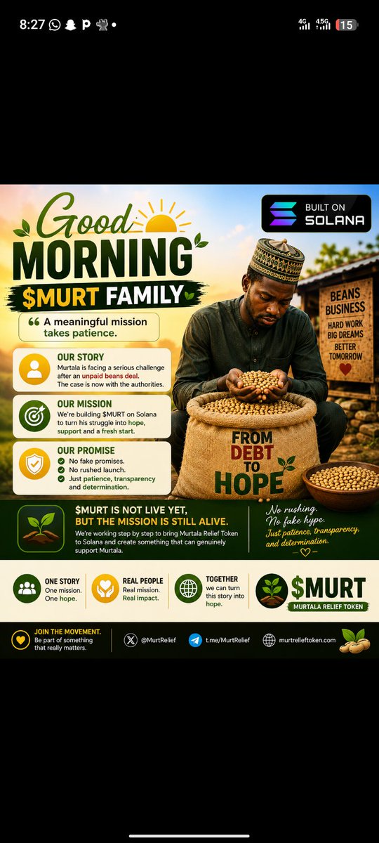 Murtgzb's tweet photo. ☀️ GOOD MORNING — $MURT FAMILY 🫘
We’re learning one thing through this journey: a meaningful mission takes patience.
$MURT is not live yet, but the mission is still alive. We’re working step by step to bring Murtala Relief Token to Solana and create something that can genuinely https://t.co/XiYQrsXU30