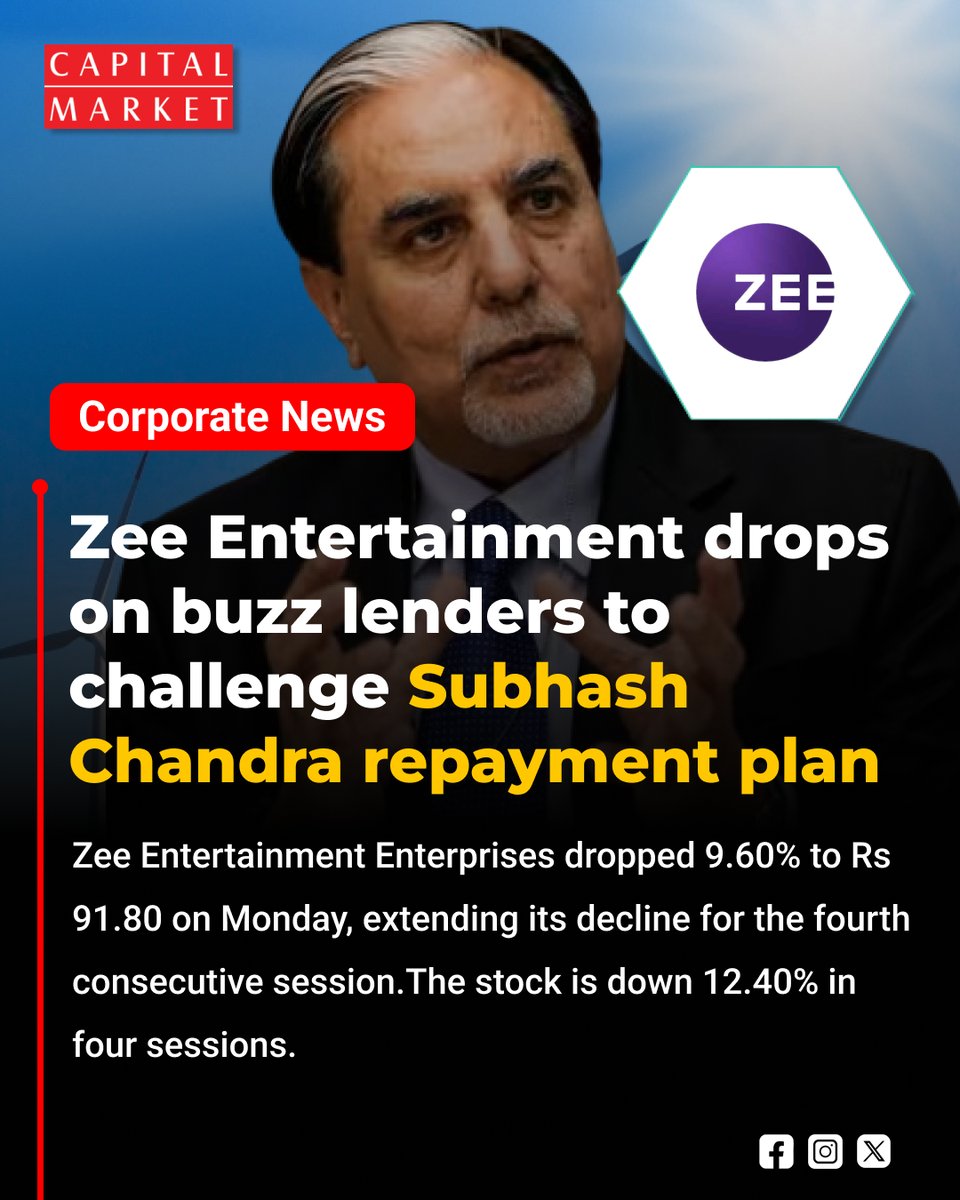 CapitalMarket17's tweet photo. ZEE ENTERTAINMENT TANKS! LENDERS TO CHALLENGE SUBHASH CHANDRA REPAYMENT PLAN
https://t.co/1L6mkco6Mu
#ZeeEntertainment #ZEE #SubhashChandra #StockCrash #NCLT #Lenders #RepaymentPlan #CorporateGovernance #MediaStocks #StockMarketIndia #Nifty50 #BSE #NSE #LegalBattle #ZeeFall https://t.co/iqyeM3MRr9