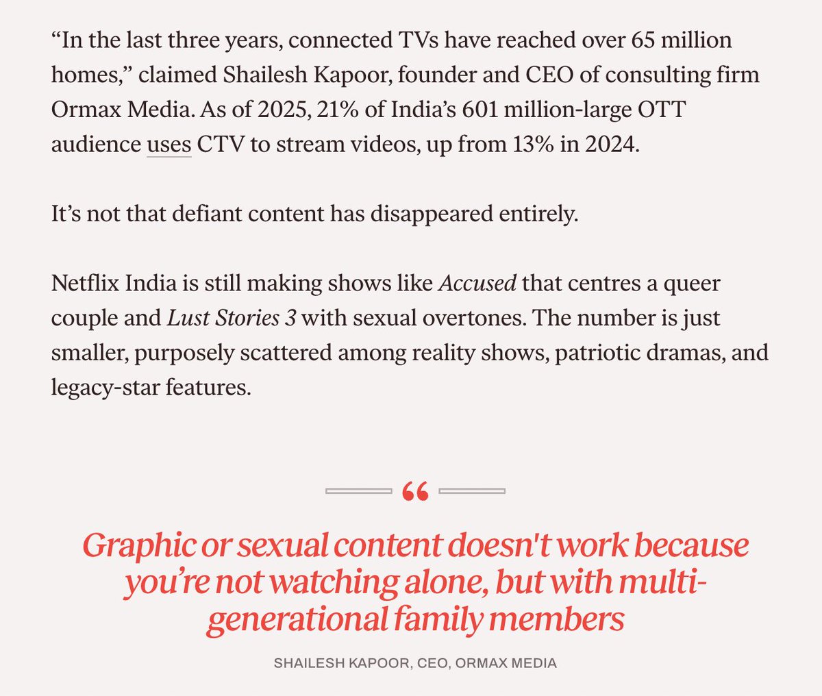 BeDebanjali's tweet photo. It's inevitable. Tapping into casual TV-viewing audiences is needed to survive. Censorship pressures and right-wing backlash over "edgy" content hasn't made life easy either. 

Why is this shift so jarring, compared to rival OTTs? Does it change their DNA? I write for @TheKenWeb https://t.co/InLbnxY4V2