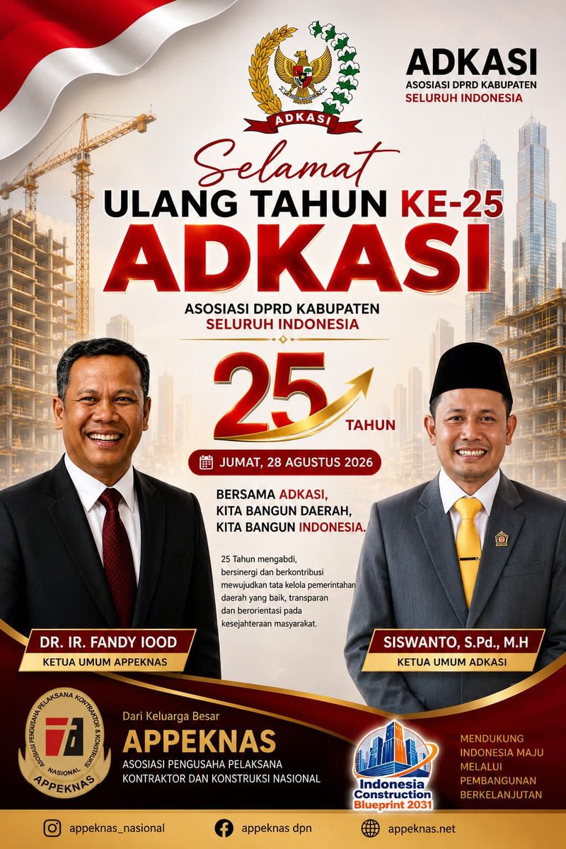 Fandyiood72gar's tweet photo. *✨ DIRGAHAYU ADKASI KE-25 TAHUN ✨*

Selamat 25 Tahun ADKASI! 🇮🇩

#APPEKNAS #ADKASI #HUTADKASI25 #DirgahayuADKASI #SinergiKelembagaan #KolaborasiUntukNegeri
#fandyioodadkasi
#fandyioodsiregar https://t.co/0fS8hV8xYS