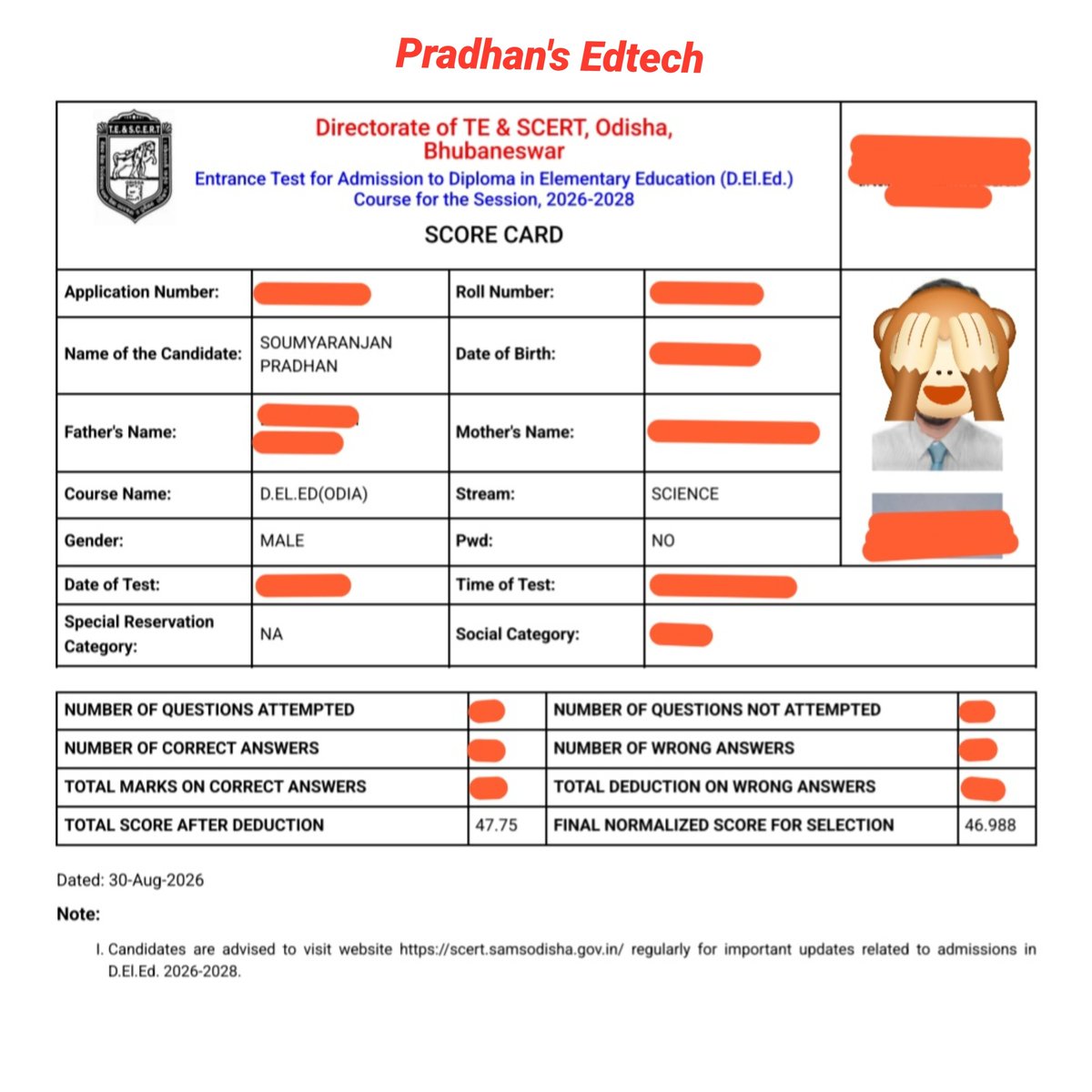 PradhansEdtech's tweet photo. Our @ScertOdisha D. El. Ed 2026 Score Card is Here, You Can See Some Hidden Information Here: https://t.co/l7hwr1KNaM 👈

@SMEOdisha @SAMSOdisha

#ct #ctexam #deled #deledodisha #ct2026 #deled2026 #deledcbt #deledcbtexam #ctcbt #ctcbtexam #ctcbtexam2026 #deledcbtexam2026 https://t.co/6Y42Nd6tr6