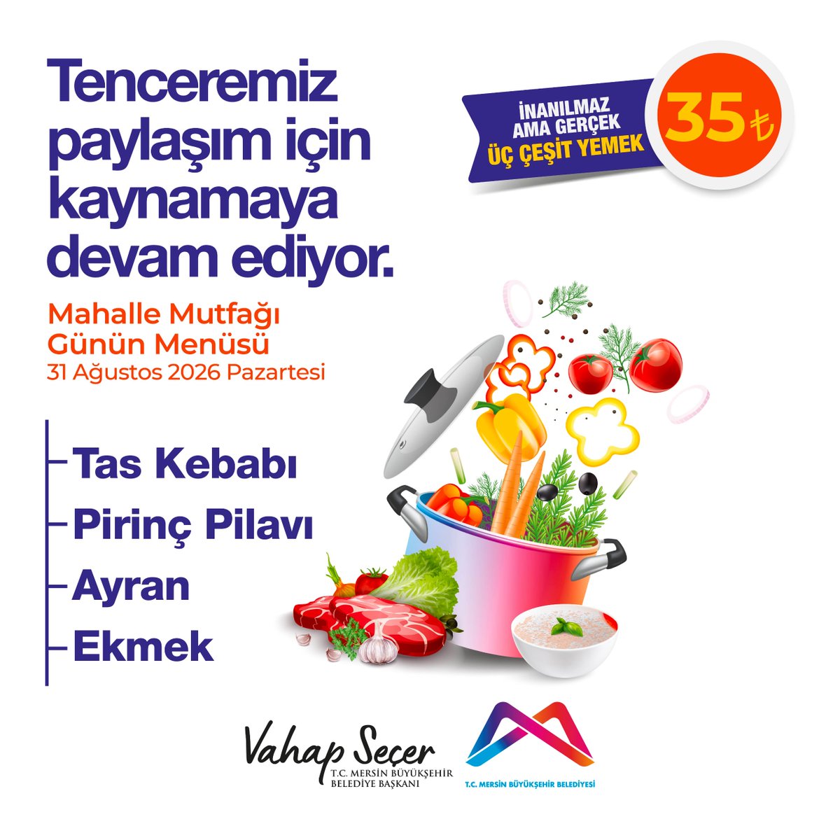 mersin_bld's tweet photo. 31 Ağustos Mahalle Mutfakları menümüz:

Tas kebabı, pirinç pilavı, ayran, ekmek.

Mahalle Mutfağı noktaları için:
https://t.co/QvkRxiS8C5 https://t.co/DFWHYUw54a