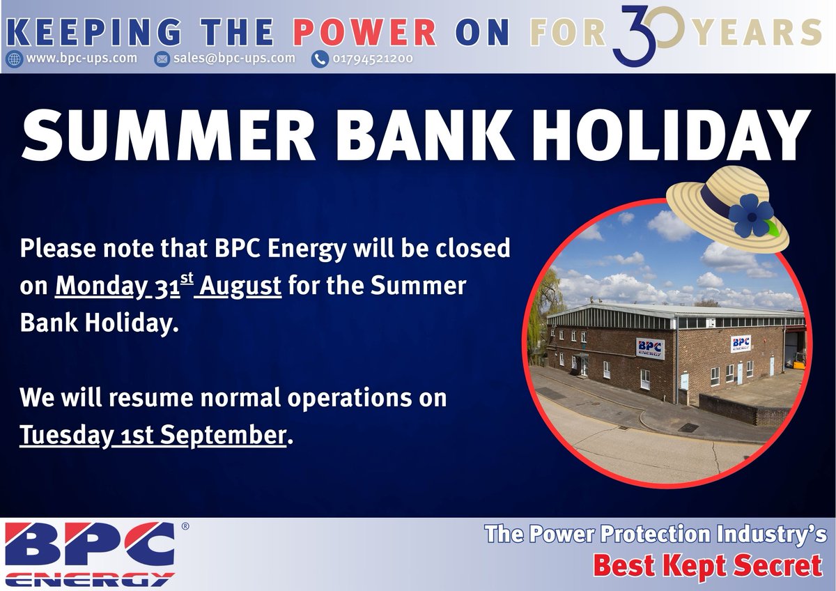 BPCEnergy_UPS's tweet photo. A gentle reminder that BPC Energy is closed today for the Summer Bank Holiday.

We will resume normal operations tomorrow, Tuesday 1 September.

https://t.co/Hing7Y30J0
---- https://t.co/VoszuMYnIa