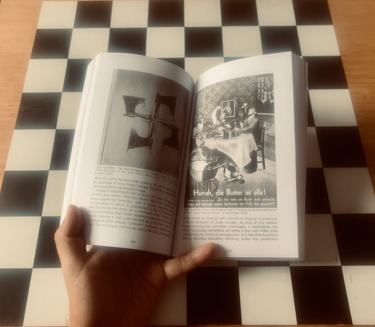 DavidVichnar's tweet photo. After ten years in the making, the first copy of COOK YOUR GRAMPAS: PRAGUE DADA has arrived.
Here it is photographed in four different positions, partly to prove that it is a real, 3D object and not some elaborate avantgarde rumour. 466 pages of a century of Prague Dada. Several kilos of manifestos, photomontage, cabaret, sabotage, pataphysics & weaponised nonsense loaded onto this nifty vessel.
It exists, with corners, and it can even stand up unaided. Even if I tried I could hardly be prouder.

"Here WAS Prague Dada, here IS Prague Dada. Avant-incubator>>intnl breeder reactor. Displode us some more of yr fissile material, a 21st century gobstopper."—Ansgar Allen

"If there isn't the saying "scratch a Czech and you'll find a Dadaist" there ought to be. As twentieth century Europe wove a rope out of bourgeois platitudes, nationalist marching songs and political rants to hang itself with, this wonderful anthology shows that the Czech Dadaists continued to intervene in the ceremony with heroic insouciance."—Zeese Papanikolas

"A very valuable anthology. […] Overall, this book should force some serious rethinking not only of the alleged absence of Dada in Prague, but of the wider historiography of Devětsil, Poetism, & the Czech avantgarde. It is an important contribution to art-historical scholarship."—Derek Sayer

Free pdf downloadable & print version available from: https://t.co/xNLzXQ2ePM