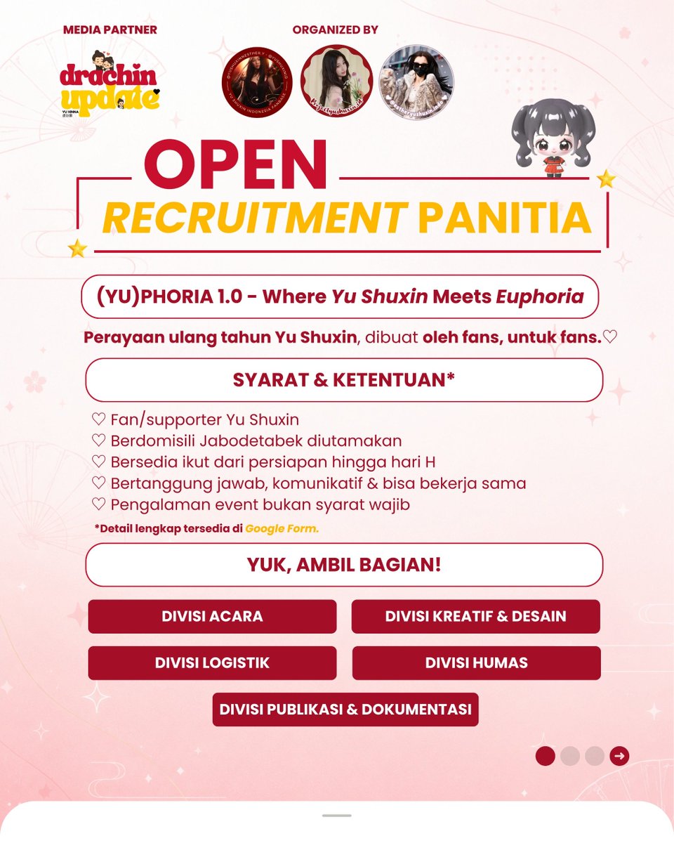 YSXProjectID's tweet photo. 🎀 (YU)PHORIA 1.0 is calling YOU!

Yuk, jadi bagian dari tim di balik perayaan ulang tahun Yu Shuxin✨

Nggak perlu expert, cukup punya passion untuk kontribusi♡

🎁 Volunteer benefits
📅 31 Aug–4 Sep 2026
📝 https://t.co/O9s0z0IX99

#EstherYu #YuShuxin #虞书欣 
#YuPhoria1Point0 https://t.co/YDysFCkFsB