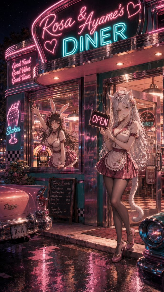 CelestialInkStu's tweet photo. Diner After Dark 

Rosa and Ayame take over the night shift at their neon-soaked retro diner, serving burgers, milkshakes, and a generous helping of chaos. Rosa keeps things classy while Ayame turns every order into an adventure.

#Rosalind #Ayame #catgirl  #bunnygirl  #Dinner https://t.co/bOuUQIQfEU
