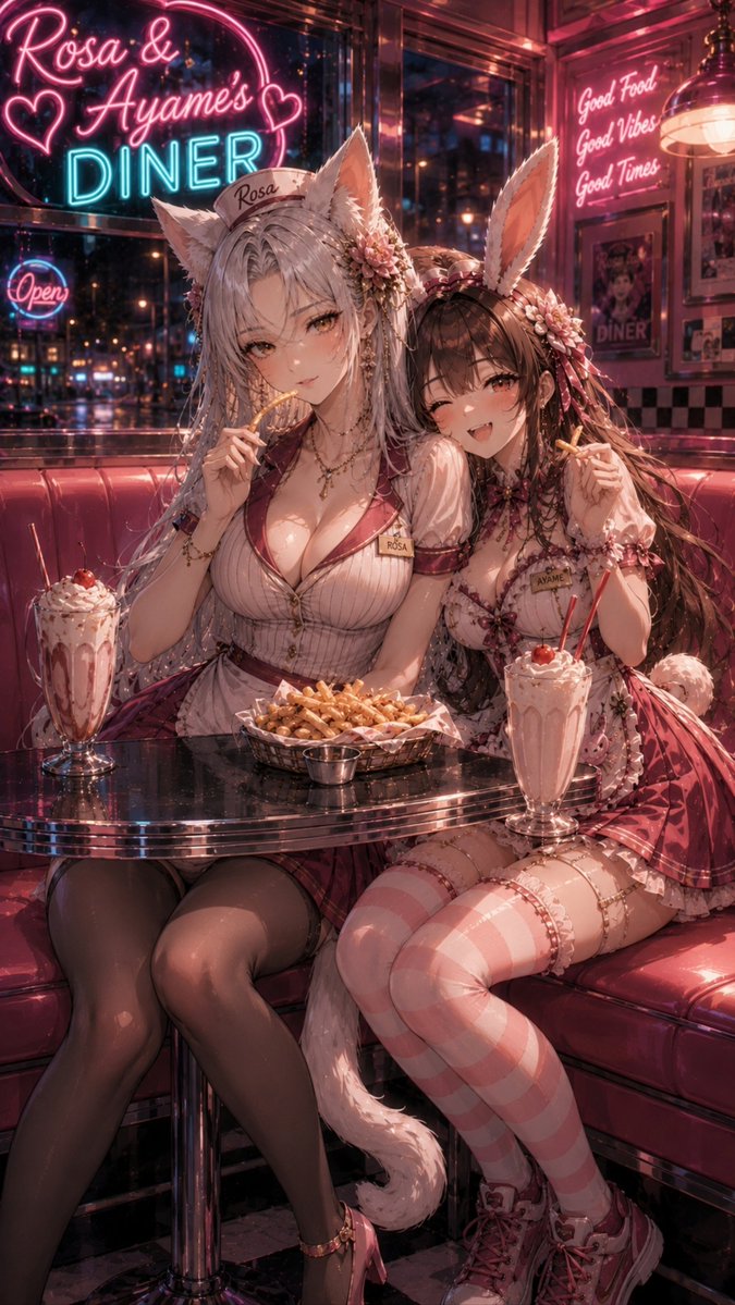 CelestialInkStu's tweet photo. Diner After Dark 

Rosa and Ayame take over the night shift at their neon-soaked retro diner, serving burgers, milkshakes, and a generous helping of chaos. Rosa keeps things classy while Ayame turns every order into an adventure.

#Rosalind #Ayame #catgirl  #bunnygirl  #Dinner https://t.co/bOuUQIQfEU