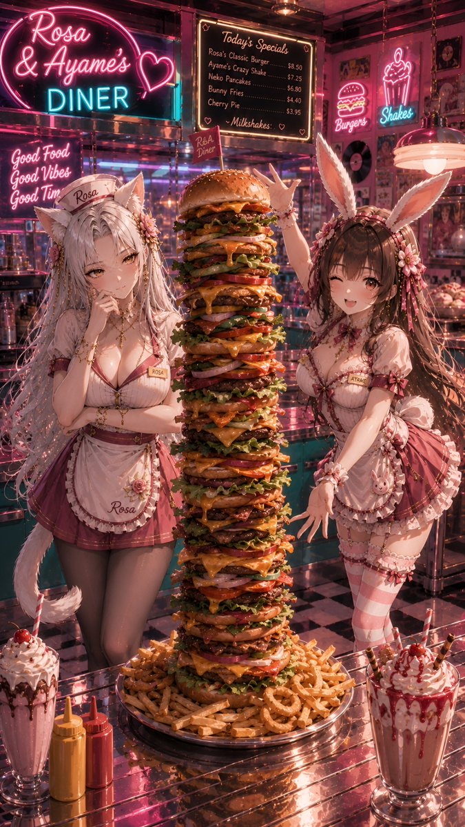 CelestialInkStu's tweet photo. Diner After Dark 

Rosa and Ayame take over the night shift at their neon-soaked retro diner, serving burgers, milkshakes, and a generous helping of chaos. Rosa keeps things classy while Ayame turns every order into an adventure.

#Rosalind #Ayame #catgirl  #bunnygirl  #Dinner https://t.co/bOuUQIQfEU