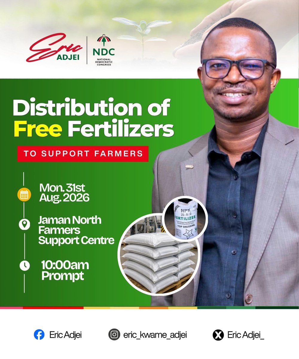 Offbeatmr2's tweet photo. Lawyer Eric Adjei continues to champion agricultural growth in Jaman North with the distribution of free fertilizers today. A timely gesture to boost crop yields and support our farmers. Jaman North is truly blessed. https://t.co/uPiRNmpbbD