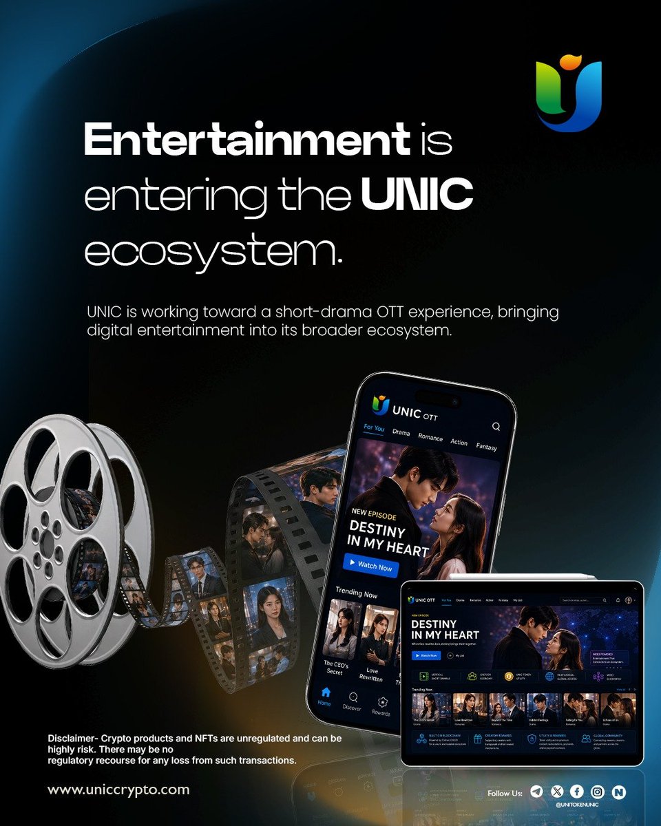 unitokenunic1's tweet photo. 🎬 Entertainment is entering the UNIC ecosystem.

🚀 Planned for Q4 2026.

Read the full press release: https://t.co/scRzuV5rlk

#UNIC #UNICOtt #Web3 #Entertainment #ShortDrama #Blockchain https://t.co/Dbv0XCu65s