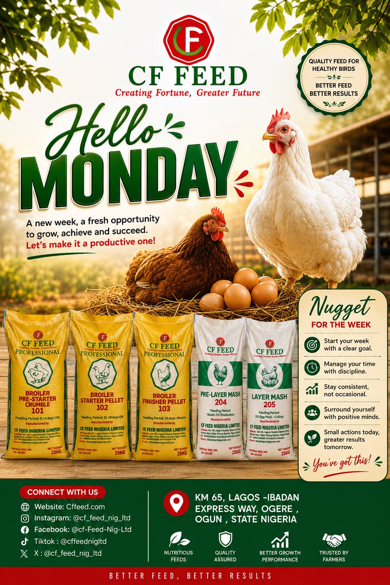 Cf_feed_nig_ltd's tweet photo. Hello Monday  #poultry #Poultrybusiness #poultryfarming #farmers https://t.co/k7oFqUyRVY
