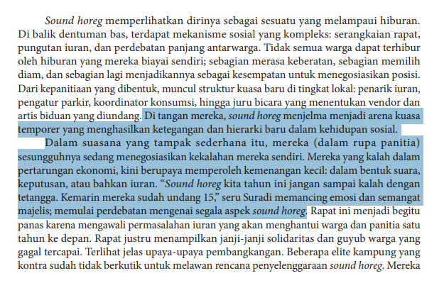 reftif_'s tweet photo. penelitian ini justru menunjukkan hal yang menarik dari fenomena Soung Horeg, diksi-diksinya nya juga nyentrik.

>Sound horeg diteliti sebagai alat sekaligus arena perebutan kuasa di pedesaan Jawa, bukan sekadar hiburan.

>Melalui etnografi, pesta bising ini dilihat sebagai jeda simbolik bagi petani kecil agar bisa keluar dari posisi subordinat dalam struktur kekuasaan desa.

>Petani kecil merasakan kembali kuasa ketika berperan sebagai panitia, operator, atau pemain festival (bisa mengatur, memerintah, dan menentukan aturan).

>Pemulihan kuasa itu bersifat ambivalen: alih-alih membebaskan, praktik ini justru mereproduksi hierarki yang sama (siapa pegang mikrofon, kuasai listrik, atau atur panggung)

>Ada paradoks mendasar: festival yang dianggap pelarian dari tekanan struktural justru menampilkan watak kekuasaan yang bising, memabukkan, dan licin.

>Dentuman sound horeg berfungsi sebagai sabotase halus terhadap dunia yang lama membisukan mereka, tapi “perlawanan”-nya berhenti di euforia tanpa arah perubahan sosial atau kesadaran kelas.

>Pada akhirnya, sound horeg menjadi katup pelepas frustrasi yang menyalurkan luka struktural ke ranah hiburan, sambil tetap mempertahankan dan mereproduksi kuasa yang penuh bualan dan kebisingan.

menarik, catatan reflektif dari Mintif adalah ketika orang kecil diberikan kekuasaan, dengan struktur sosial yang sudah terbentuk juga rawan akan penyalahgunaan wewenang, meskipun sudah dimaklumi oleh warga setempat.