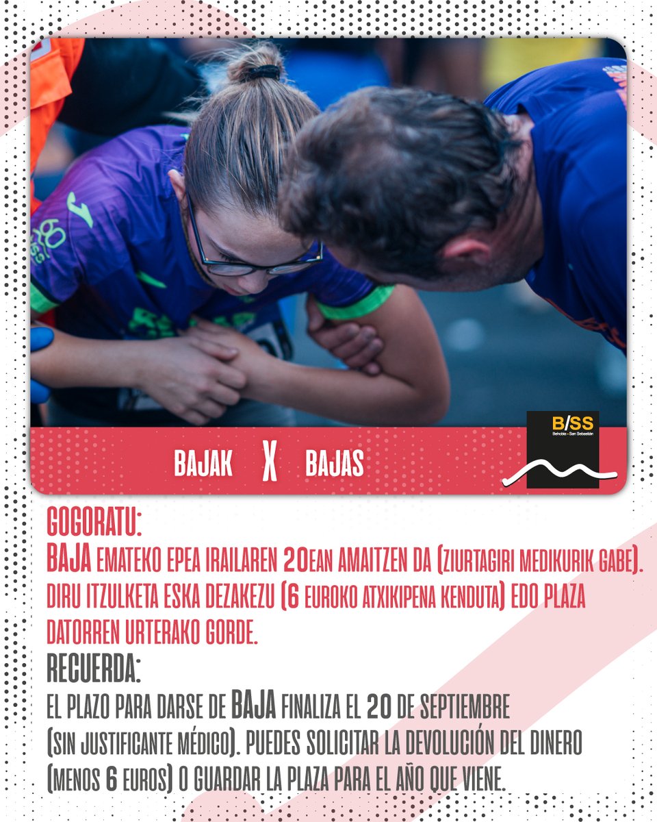 BSS_Fortuna's tweet photo. Behobia - San Sebastián🖤💛BAJAK
❌ GOGORATU: BAJA emateko epea irailaren 20ean amaitzen da (ziurtagiri medikorik gabe). Diru itzulketa eska dezakezu (6€-ko atxikipena kenduta) edo plaza gorde datorren urterako.
Eskaera emailez egin behar da.

✉️ info@behobia-sansebastian.com https://t.co/RxfxdzltXo
